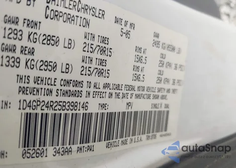 2005 Dodge Grand Caravan Se from USA, damaged, VIN 1D4GP24R25B398146